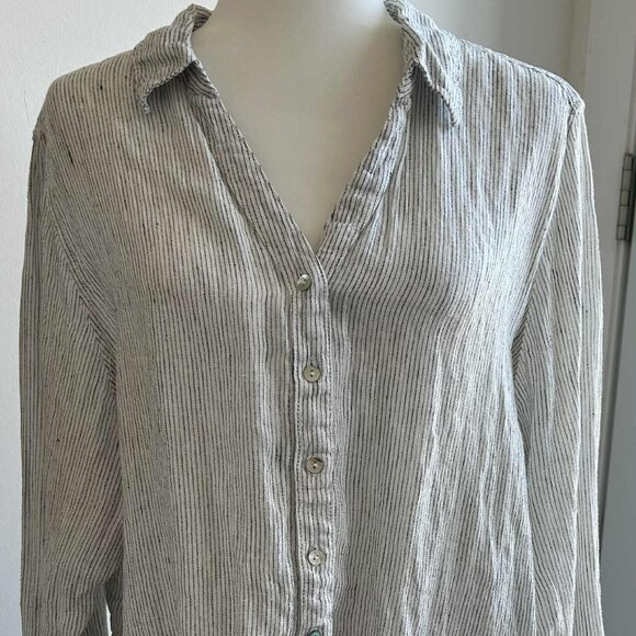 Jones New York Ivory-Black 100% Linen Stripe V-Neck Shirt with Roll Tabs – US 2X - Picture 2 of 12